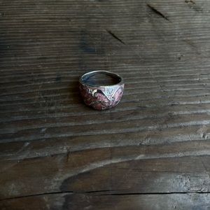 pink enamel inlay, with white topaz, dome ring, sterling silver band